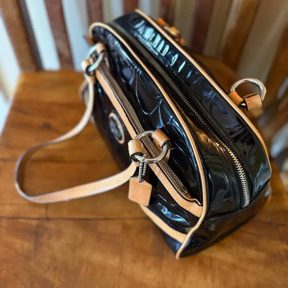 Coach Peyton Signature Embossed Patent Leather Satchel Black/Tan
